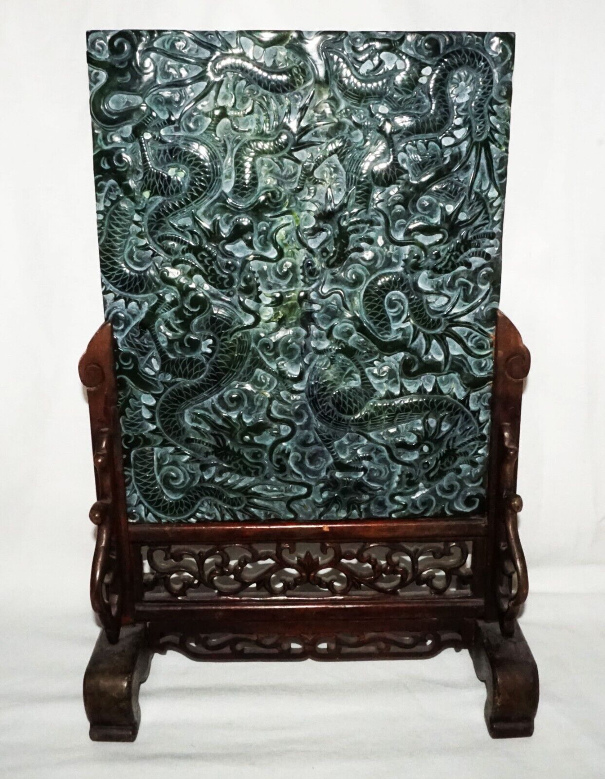 Vintage Chinese Nephrite Jade Table Screen w. Relief Writhing Dragon Stand (LeD)