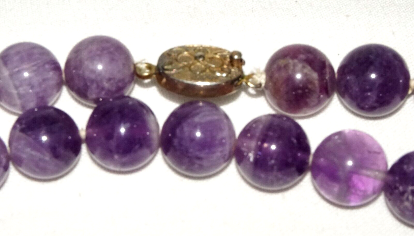 Vintage Chinese Purple Fluorite Carved Bead Necklace 32" w Silver Clasp (InS)#L2