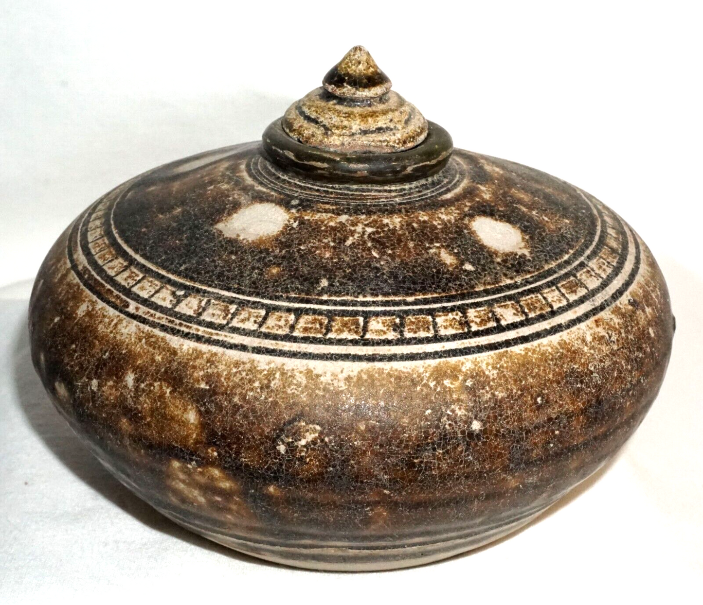 12C Antique Cambodian Khmer Brown Glaze Stoneware Covered Pot or Jar (JSt) 27