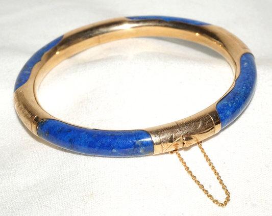 Vintage Chinese 14k Yellow Gold & Sodalite Hinged Bangle Bracelet (InS)#L1