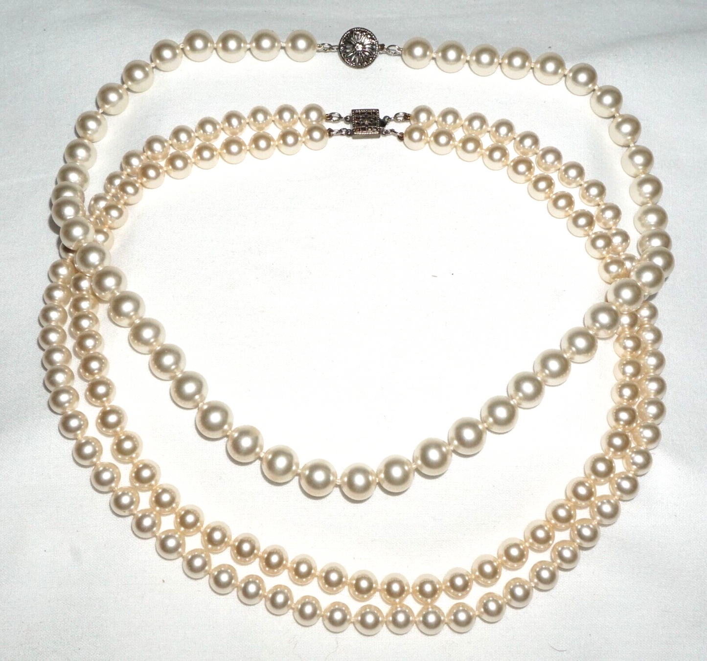 2Pc Vintage Faux Pearl Single & Double Strand Necklaces w. Silver Clasps (BrM)