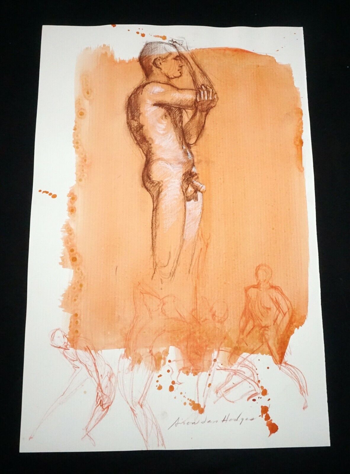 Hawaii Conte Color Wash Drawing Painting Male Nude by Snowden Hodges (Sho)#30