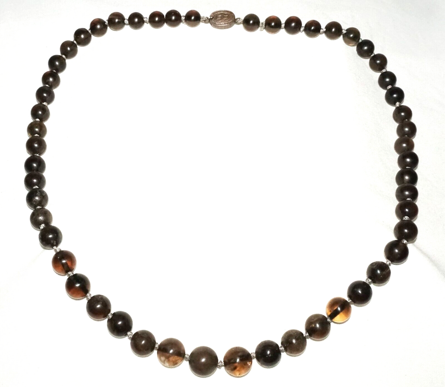 Vintage Chinese Smokey Quartz Bead Necklace w. Silver Clasp 25" (InS)#L2