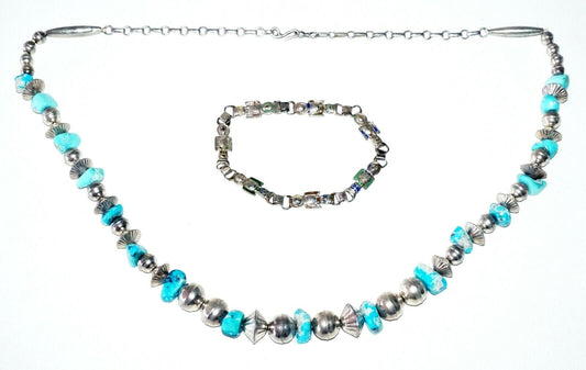 2Pc S.W. Silver & Turquoise & Enamel Tribal Bead Necklace & Bracelet (TaE) #44