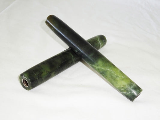 10C Pair Chinese Song Dynasty Large Green Tubular Drilled Jade Beads (Mil)