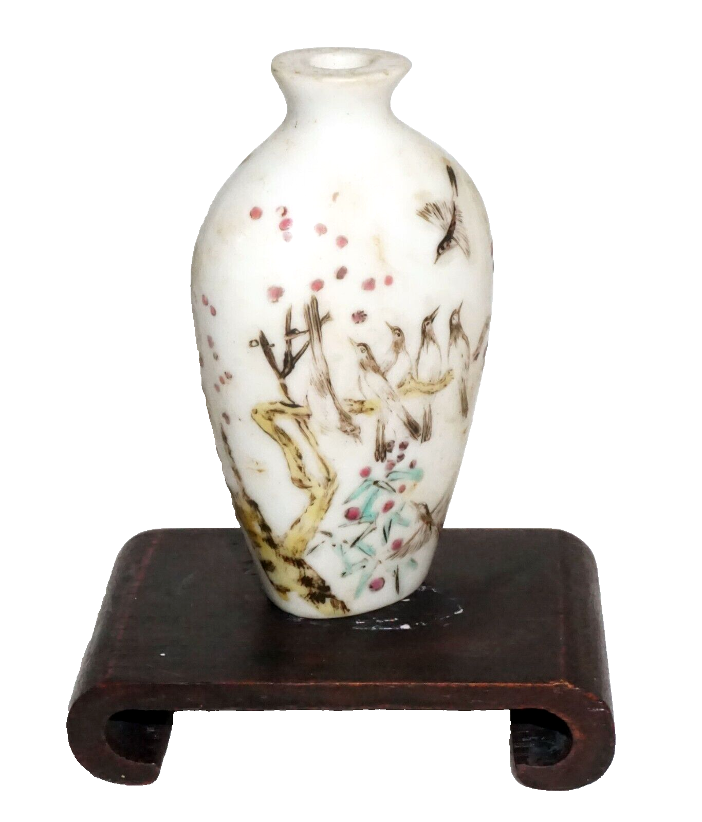 Antique Chinese Porcelain Snuff Bottle Birds on Branch Motif in Enamels (Kai)