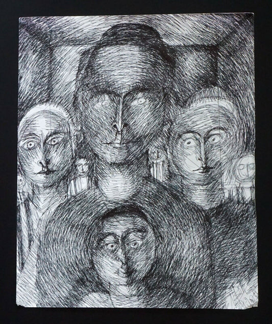 France HI Outsider Art Pen & Ink Painting Judaica Family Claude Vedel (EtJ)#51