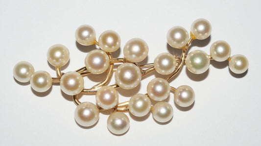 14k Yellow Gold Branch Motif Brooch set w. 24x Pearl Accents (NaD)#7