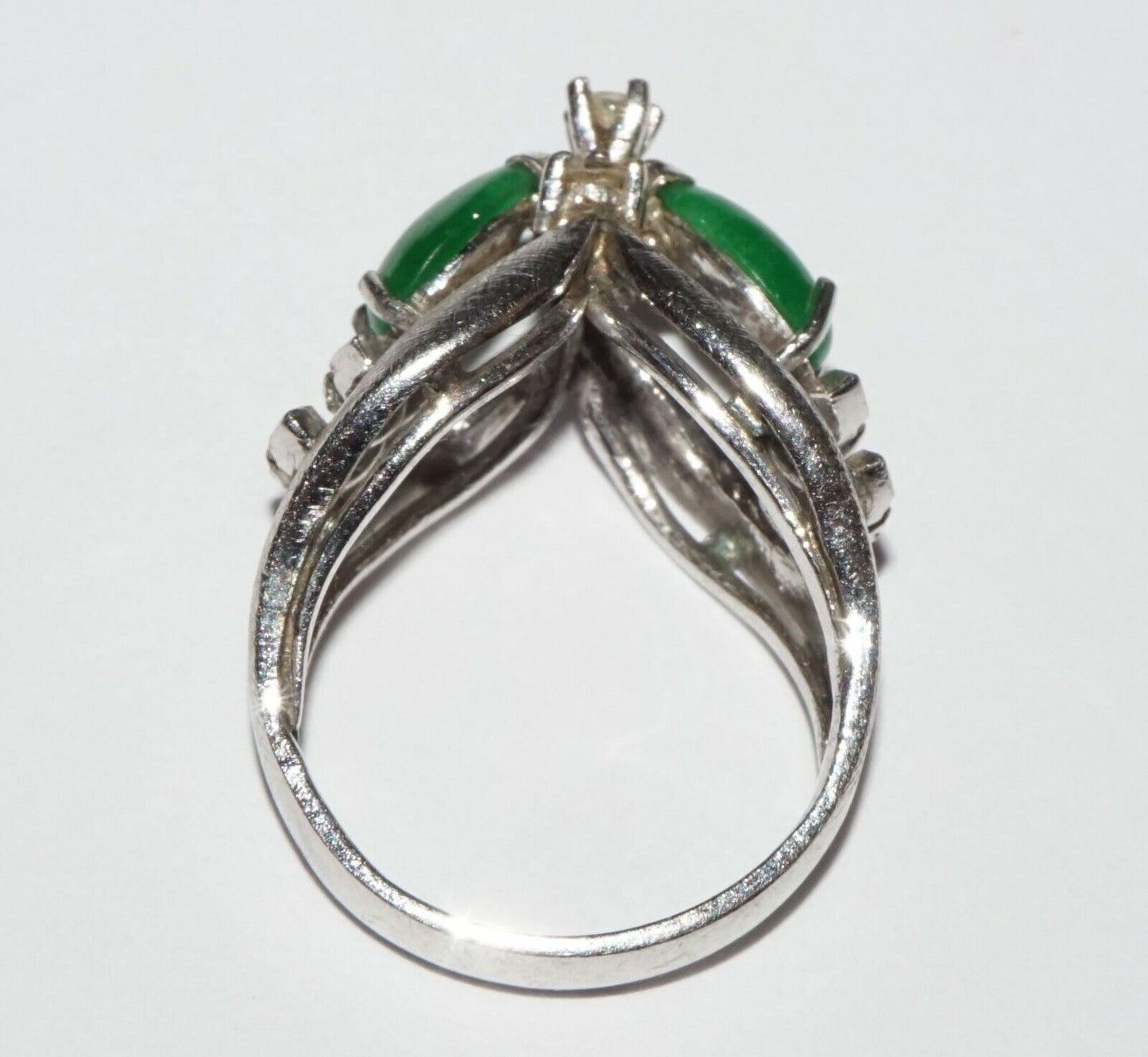 Vintage Chinese White Gold Ring Sz.4.5 w. 2x Jadeite Jades & 11x Diamonds (TaL)