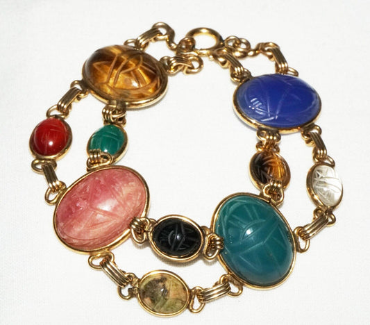 Vintage Gold Filled Bracelet set w. 10x Multicolor Carved Gemstones Cabs (ShI)