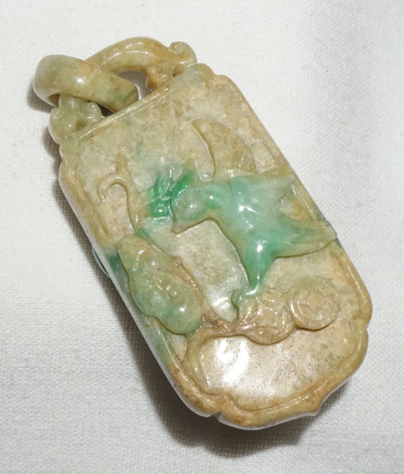 Vintage Chinese Jadeite Jade Locket Style Pendant w. Monkey Lingzhi Coin (---)