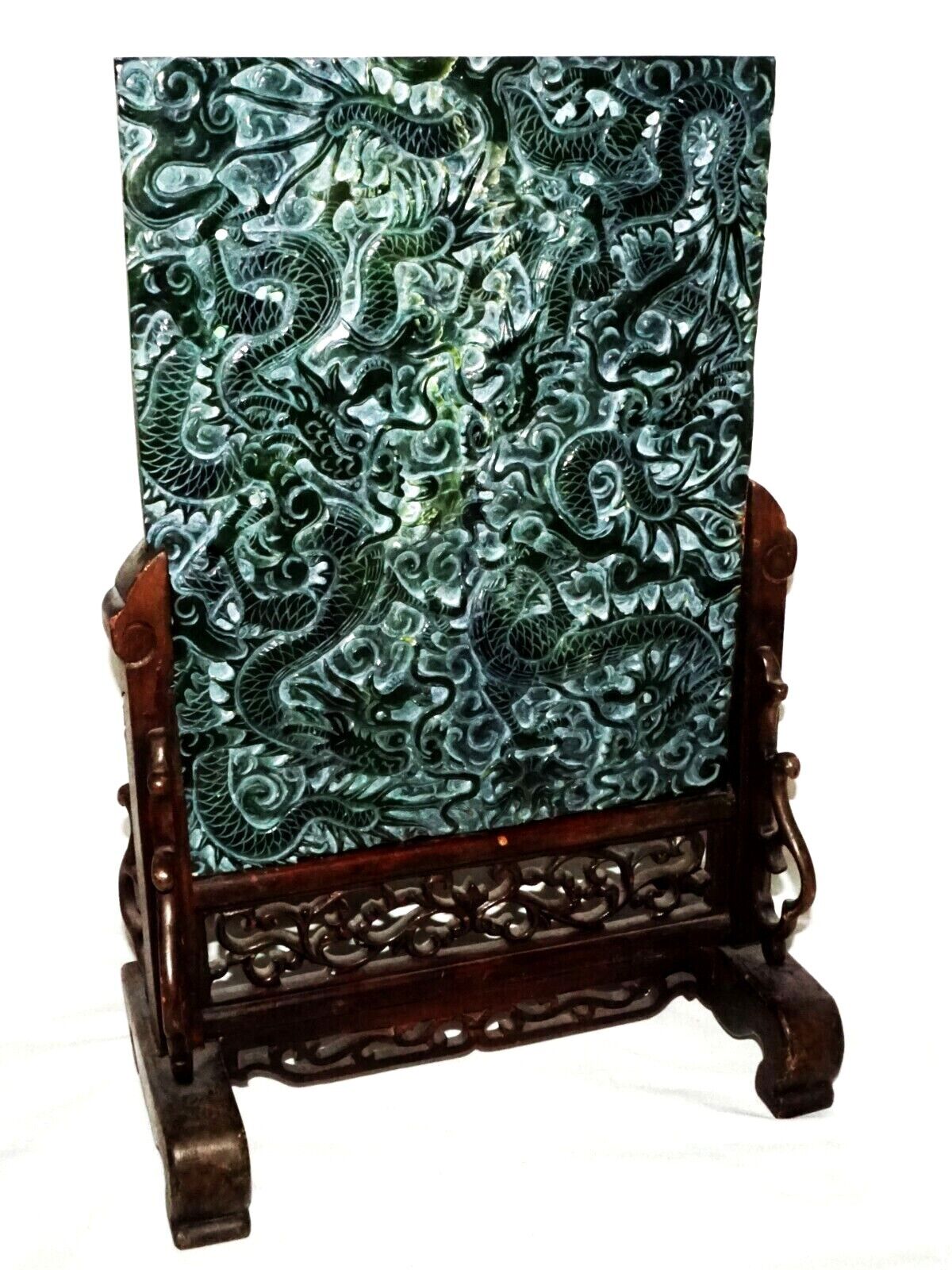 Vintage Chinese Nephrite Jade Table Screen w. Relief Writhing Dragon Stand (LeD)