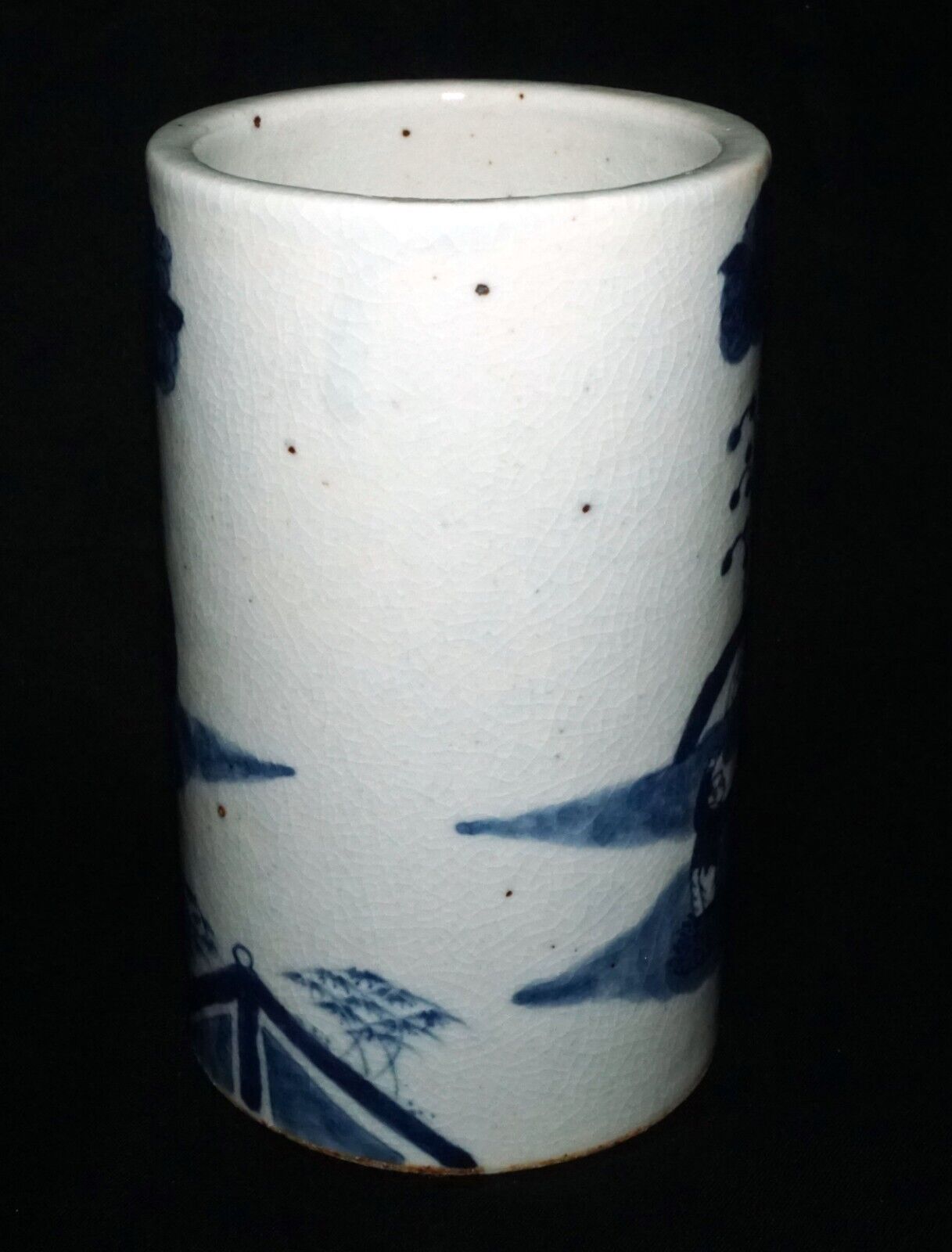 Chinese Blue & White Pottery Brush Pot w. Court-scene w Garden Motif (LeL) IC