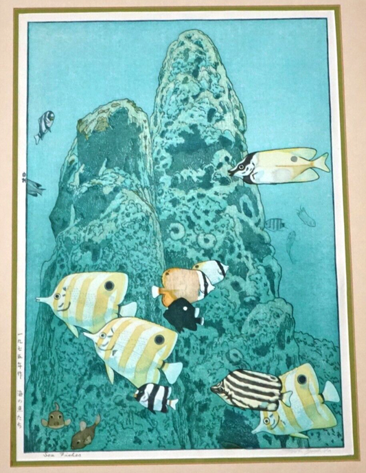 1975 Japanese Color Woodblock Print Sea Fishes by Toshi Yoshida (1911-1995)(FeH)