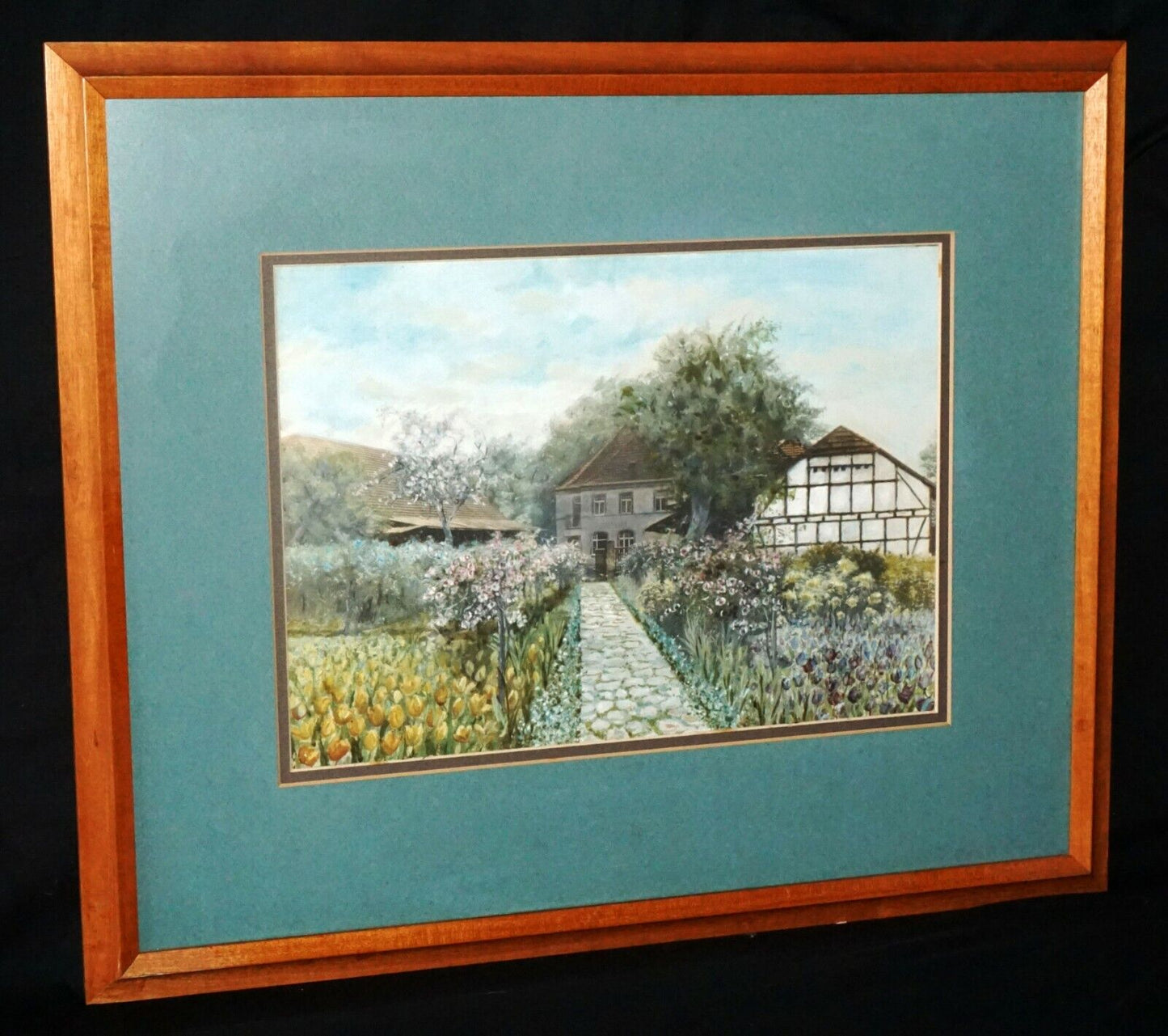 German Koa Framed Watercolor Painting Farm w. Flower Lined Path unsigned (TaE)