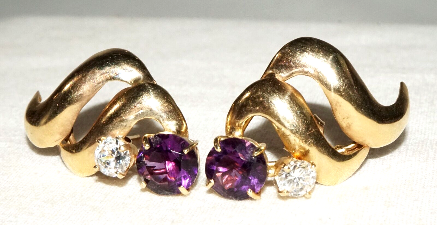 Vintage Modernist 14k Yellow Earrings 2x Amethysts & 2x Cubic Zirconia (GoB)#18b