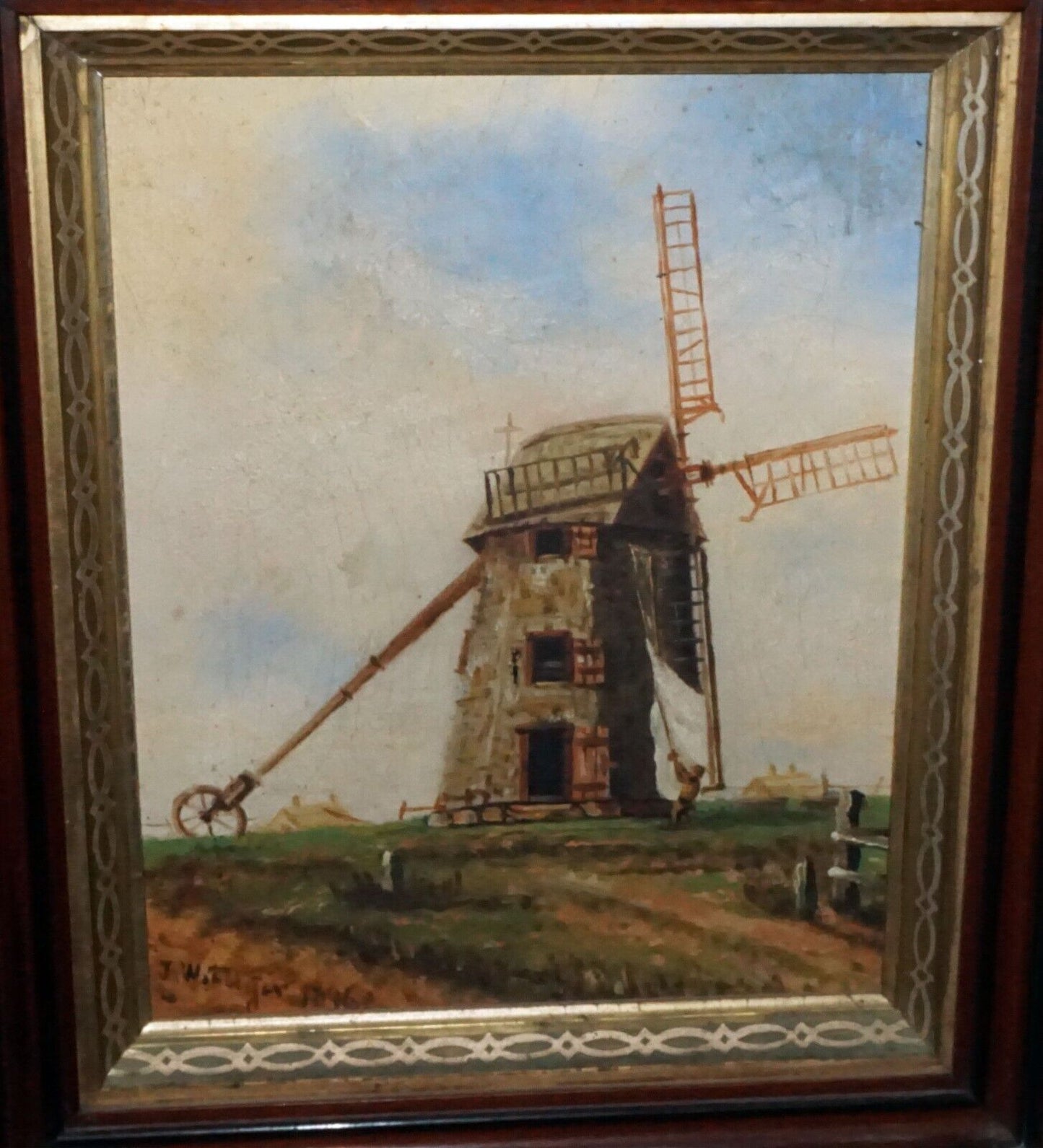 1896 US Oil Painting Old Nantucket Windmill James Walter Folger (1851-1918)(WoJ)