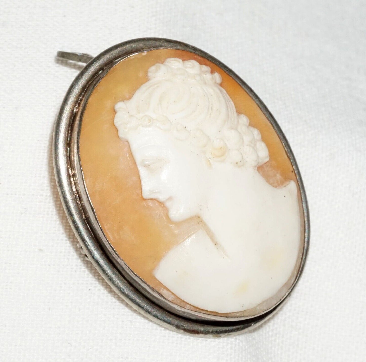 Vintage 900 Silver Shell Cameo Brooch Pendant w. Female Bust Motif (BiB)