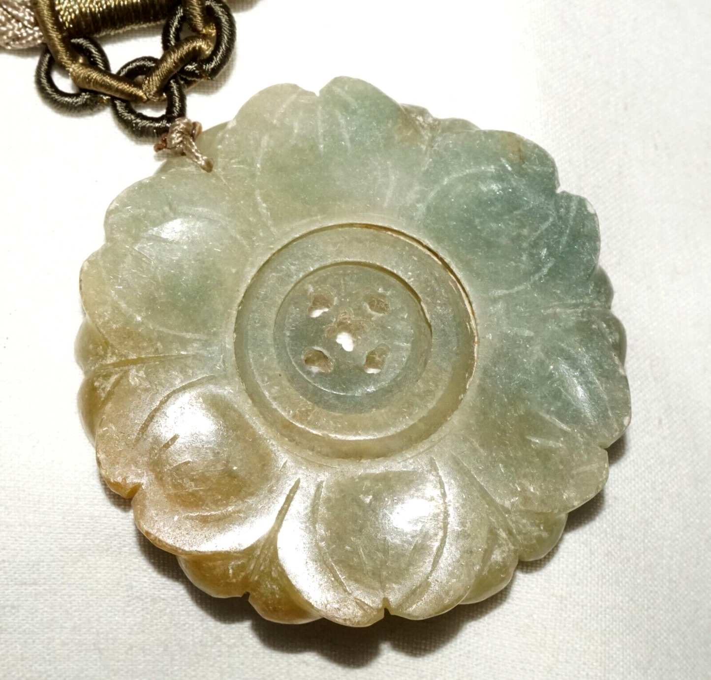 Antique Chinese Jade Carved Flower Pendant w. Double Spinning Center (LeS)L24