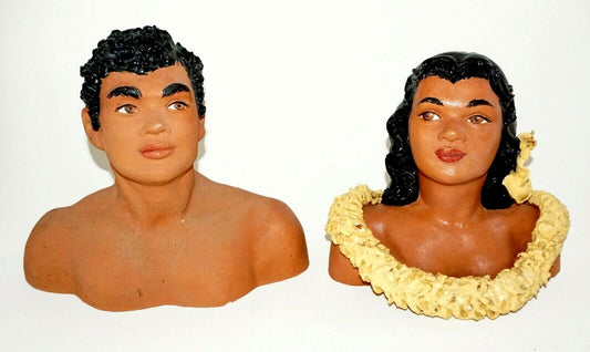 1950s Hawaii Painted Pottery Busts Kane & Wahine by Julene Honolulu Repair (BeG)