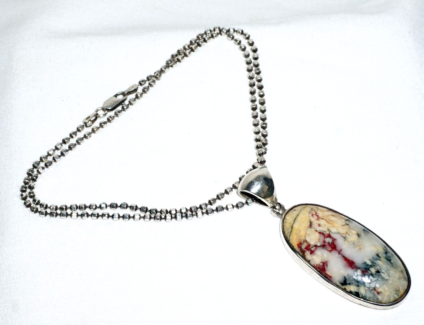 Sterling Silver Necklace w. Silver Set Multi Color Hard Stone Pendant (LoC)N1