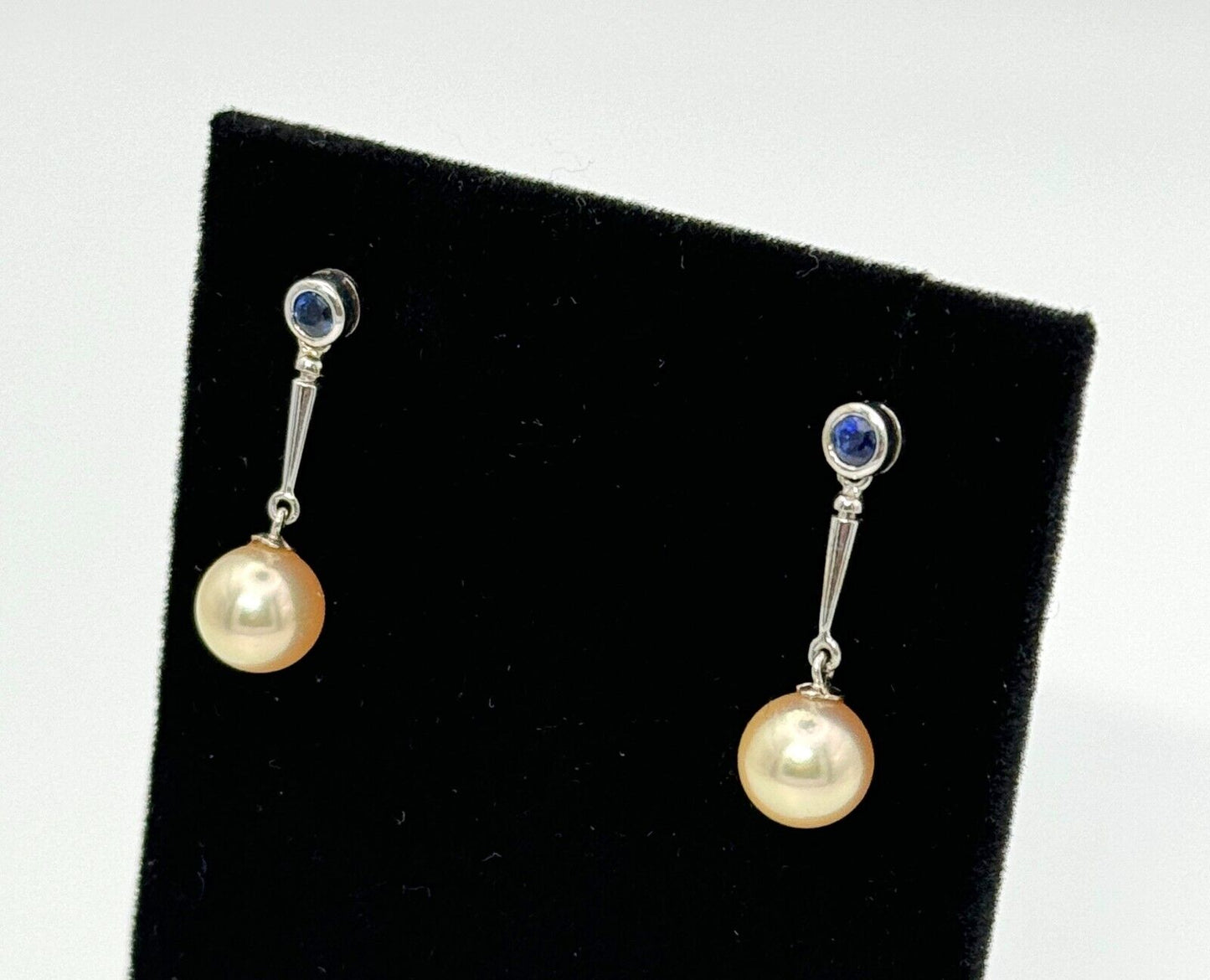 Vintage 18k White Gold, Golden Pearl and Blue Sapphire Drop Earrings (MeC)