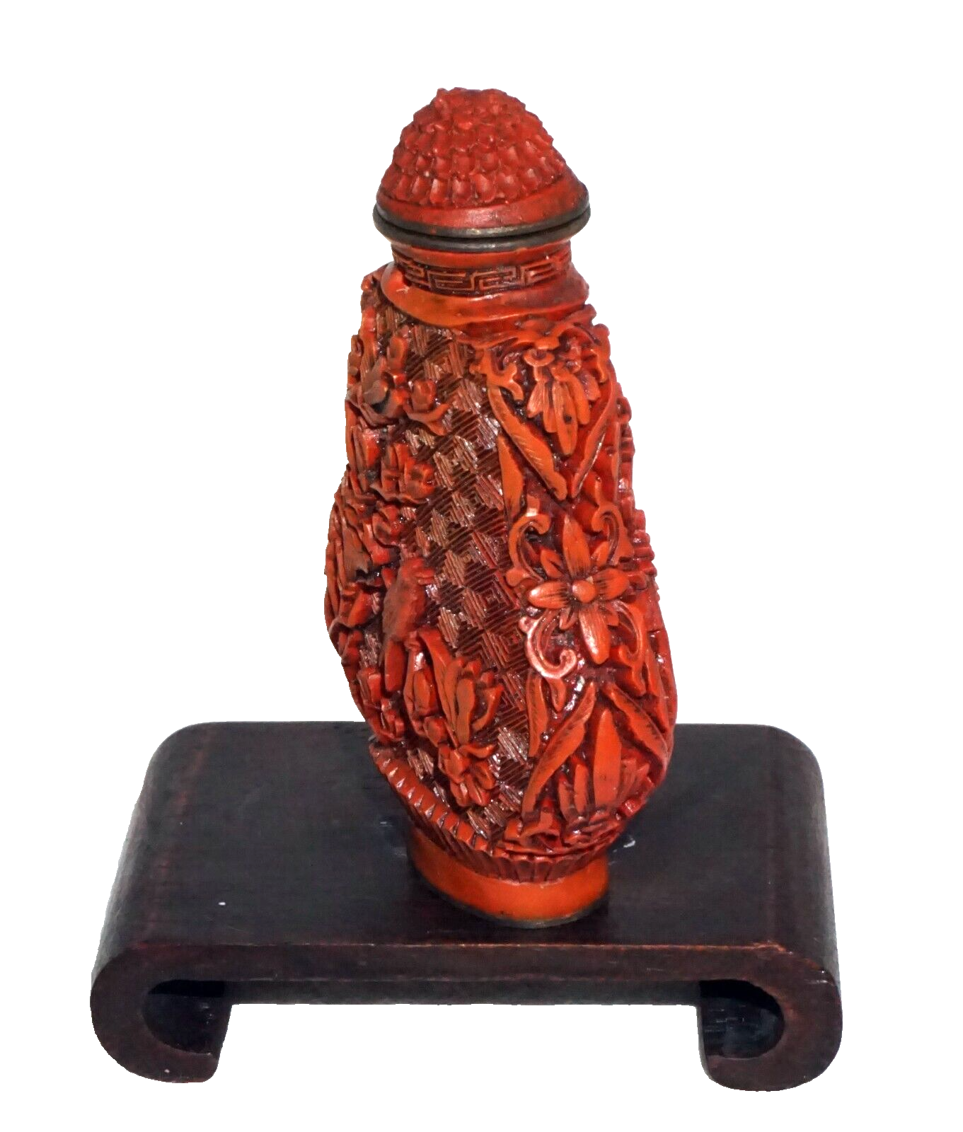 Chinese Cinnabar Style Carved Snuff Bottle w. Birds Motifs & Reign Mark (Kai)