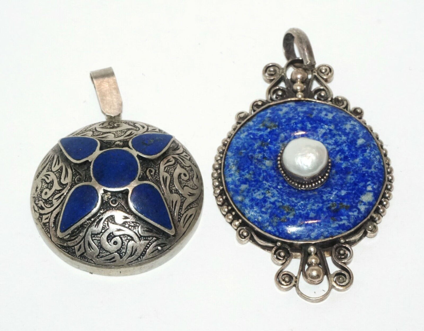 2Pc Vintage Sterling Silver Pendants w. Lapis Lazuli & Sodalite & Pearl (HaL)#18