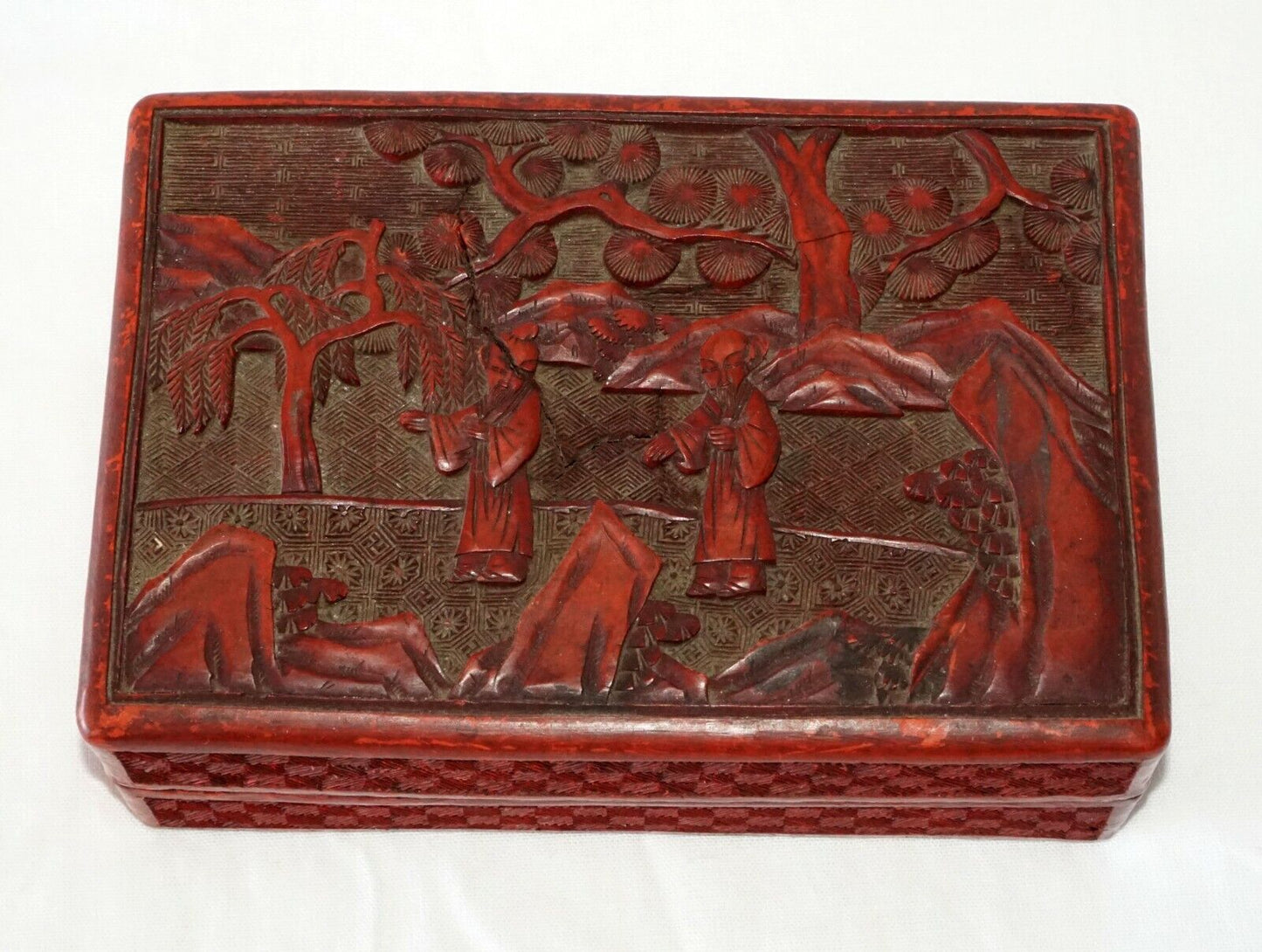 Antique Chinese Real Cinnabar Covered Box w. Scholars in a Garden Motif (DaC)