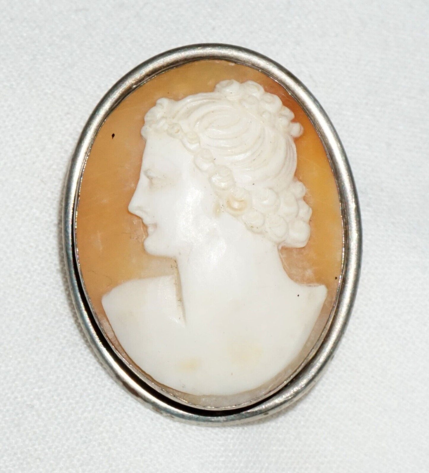 Vintage 900 Silver Shell Cameo Brooch Pendant w. Female Bust Motif (BiB)