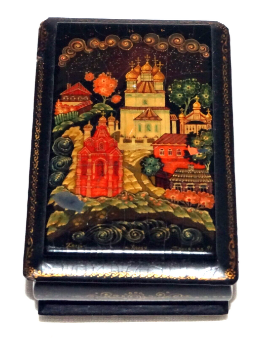 Vintage Russian Lacquer Box Church & Village Motif signed (AHB