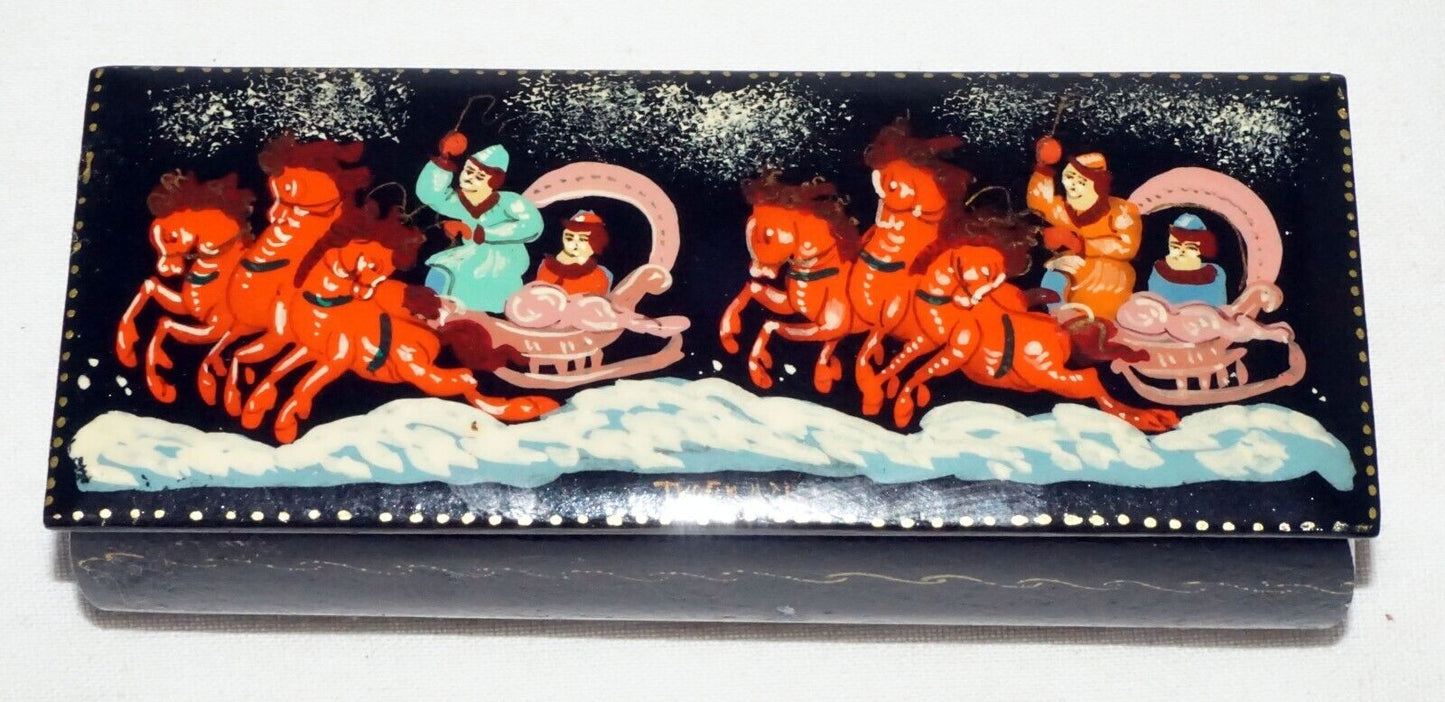 Vintage Russian Lacquer Box Two Horse Drawn Sleighs & Figures signed (AHB)