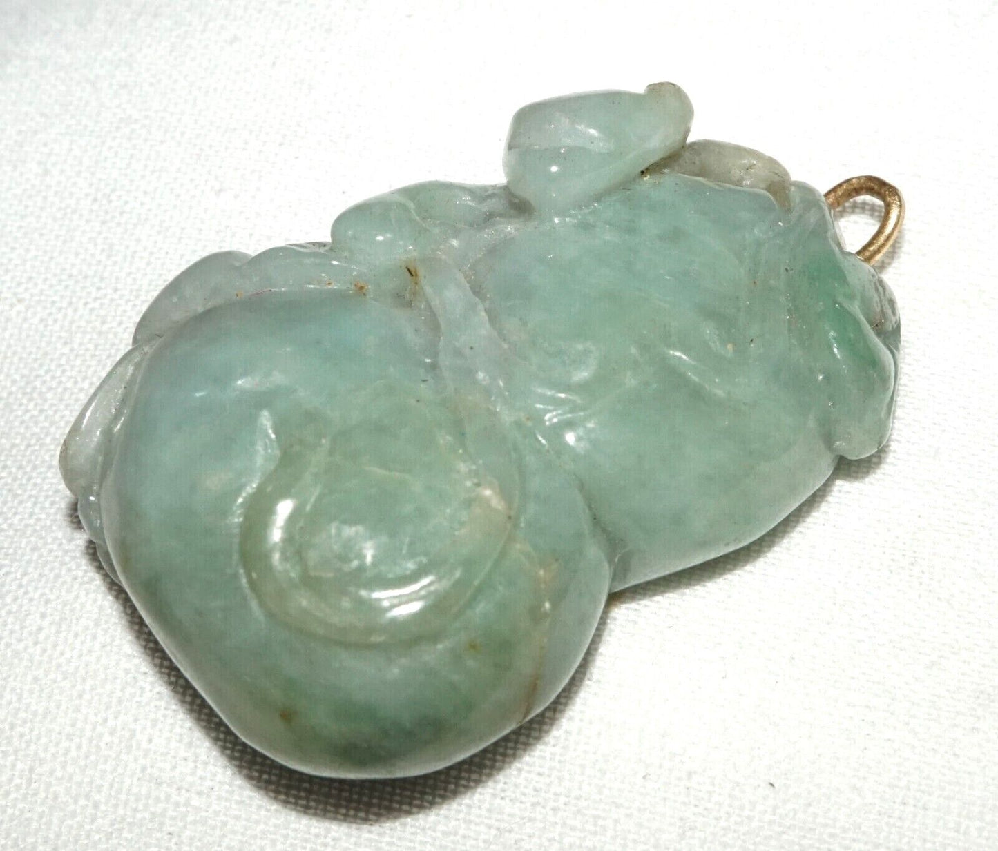 Vintage Chinese Double Gourd & Feline Motif Jadeite Jade Carved Pendant (AHB)