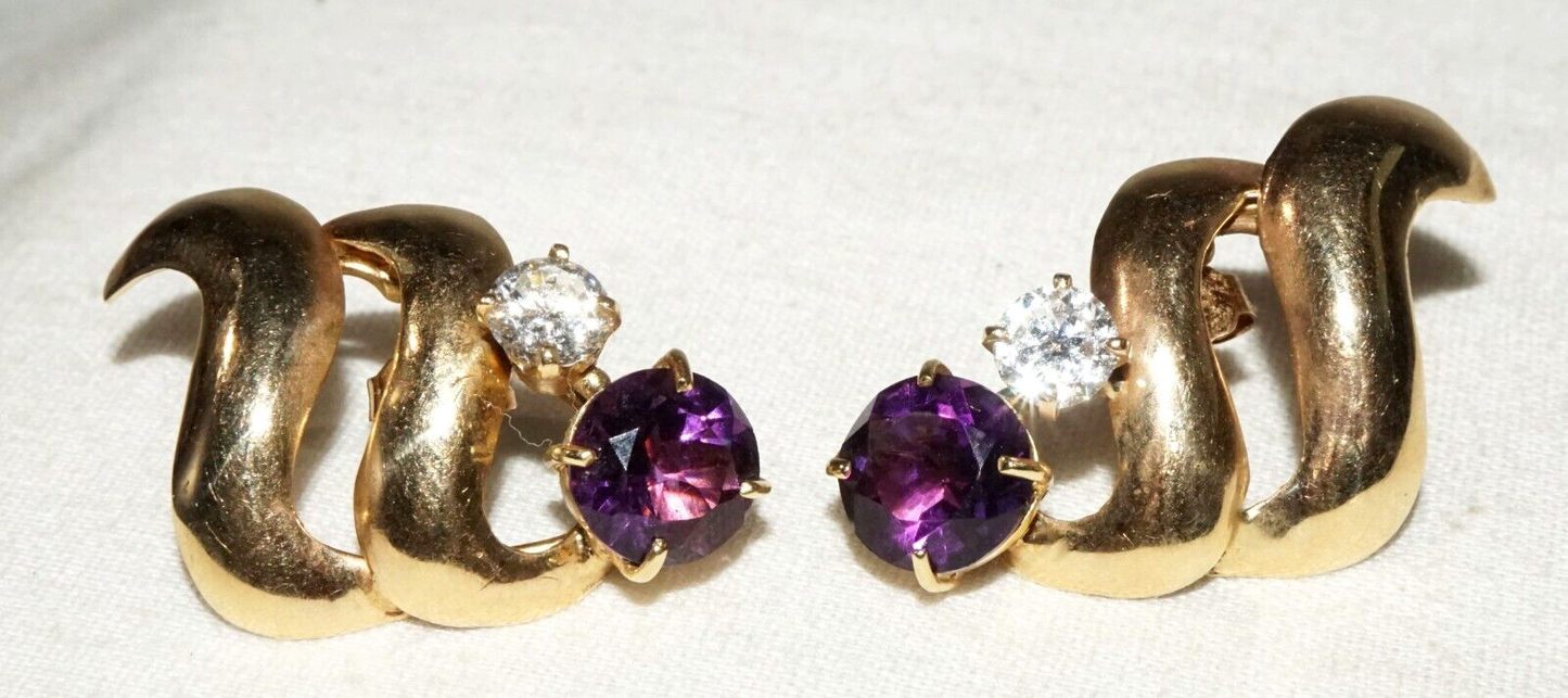 Vintage Modernist 14k Yellow Earrings 2x Amethysts & 2x Cubic Zirconia (GoB)#18b