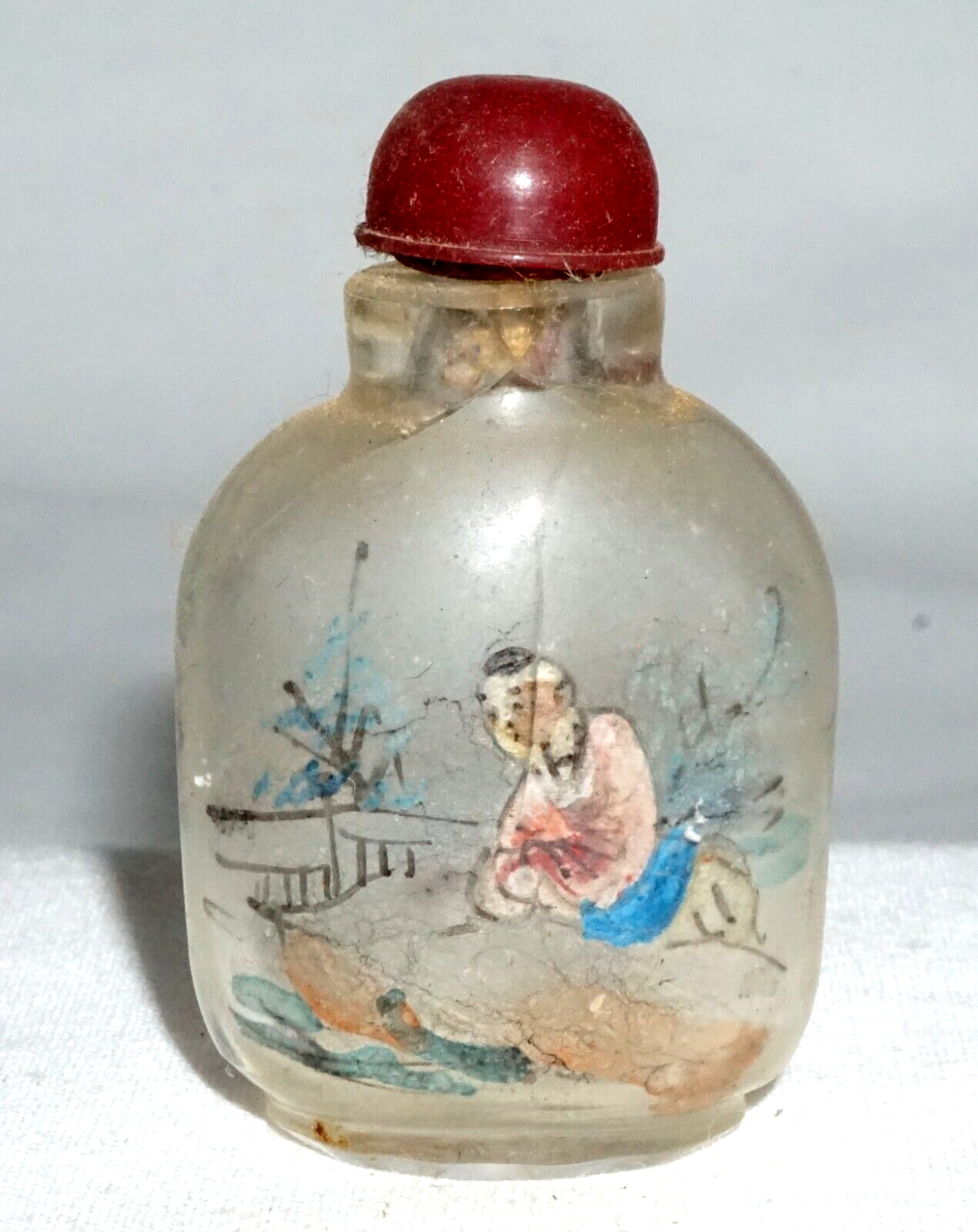 Vintage Chinese Reverse Painted Glass Snuff Bottle w. Figure Landscape (LLA) IC