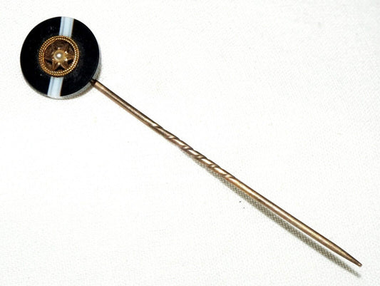 Antique UK Yellow Gold Pin Banded Agate & Pearl Johnson, Walker & Tolhurst (AHB)