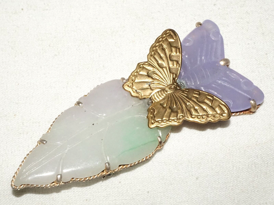 Vintage Chinese Fashion Lavender Jade Butterfly & Leaf Brooch Pendant (LeP)