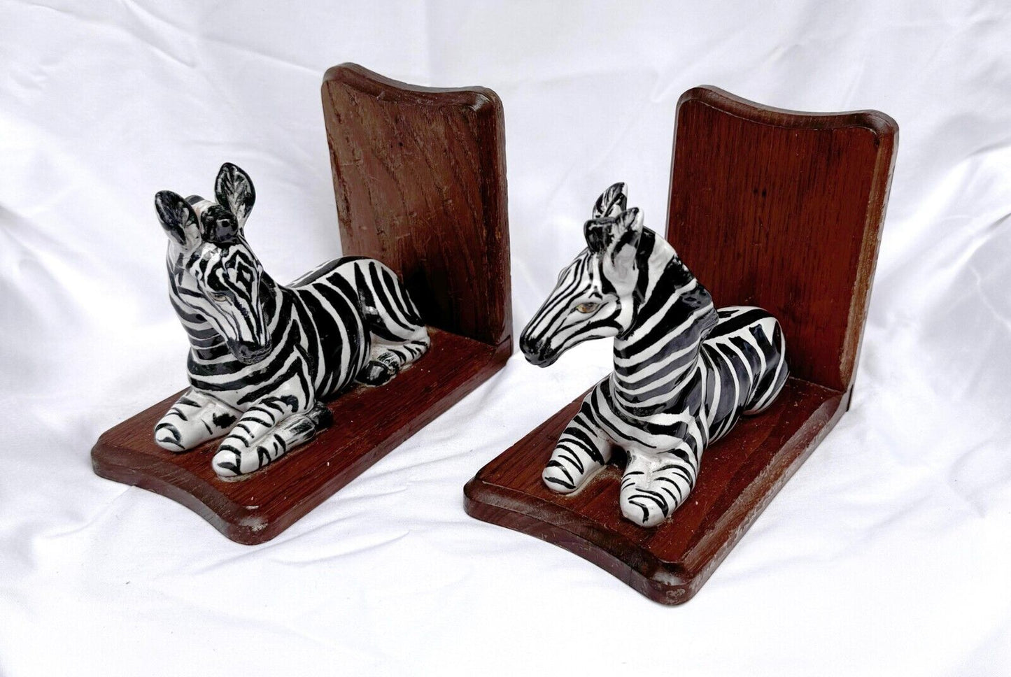 Vintage Hand-Painted Ceramic & Wood Zebra Bookends (SmM)