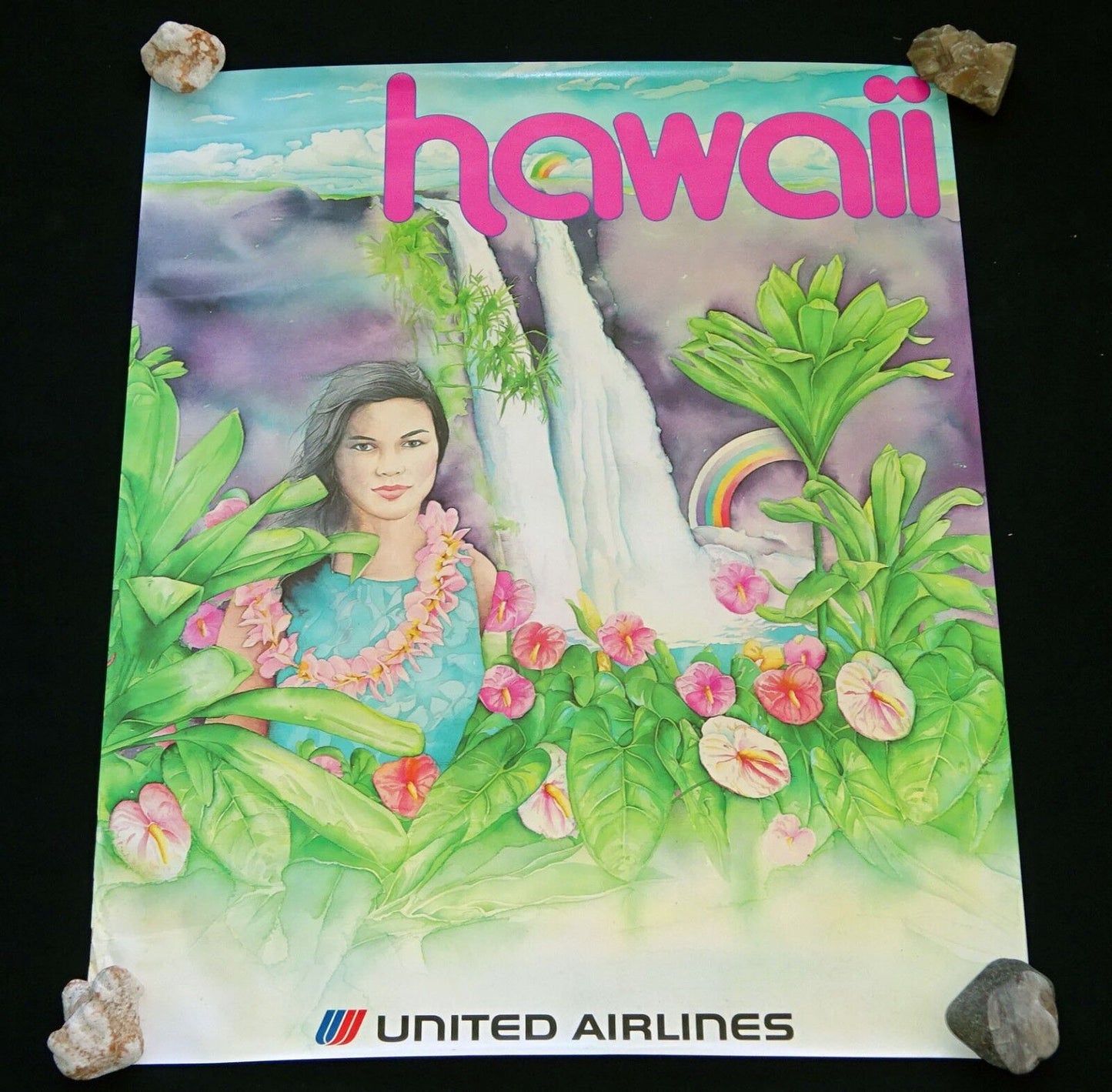 1970s Original United Airlines Hawaii Poster Girl & Rainbow Motif (HoT)#25