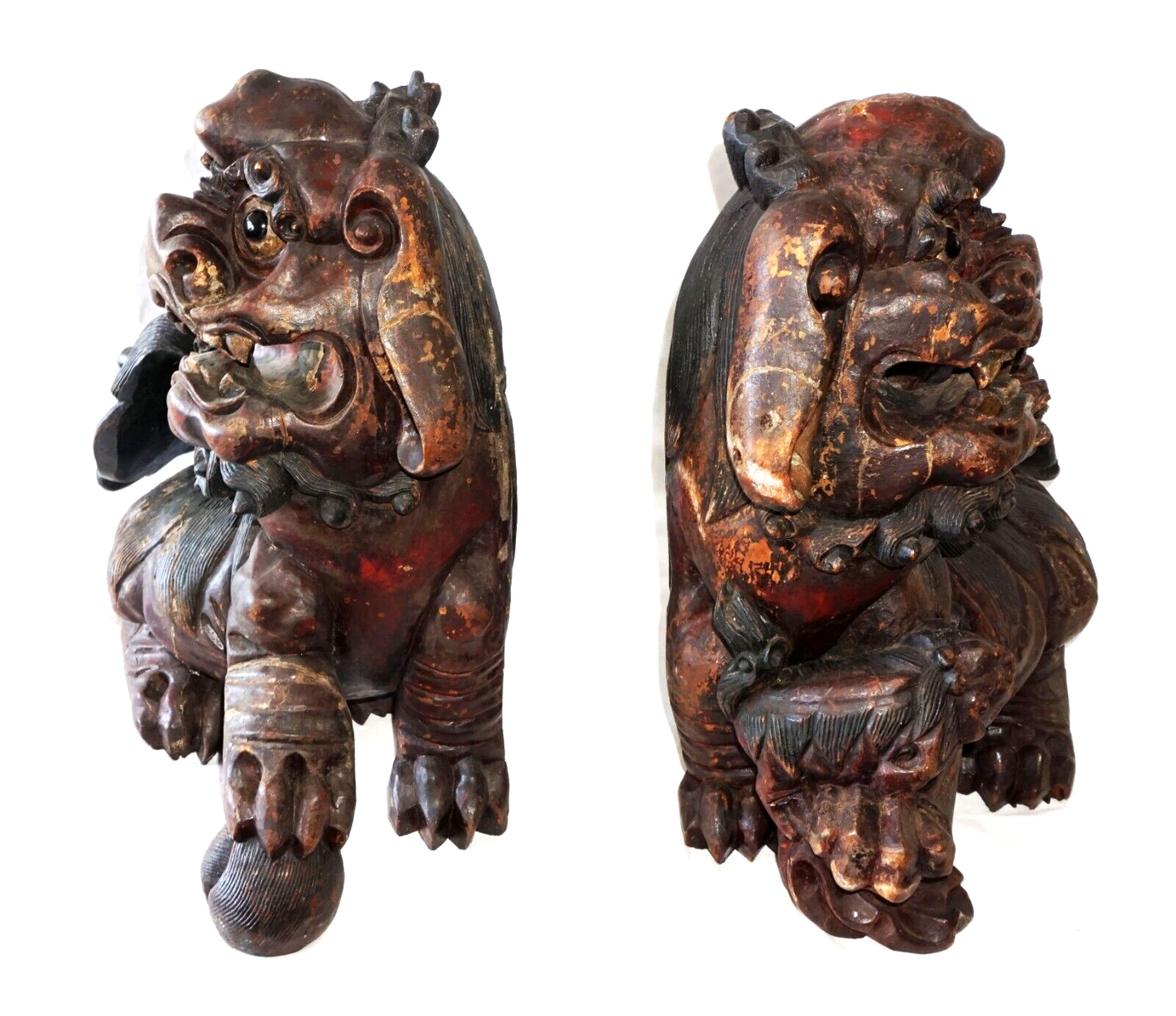 Pair Vintage Chinese Large Carved Assembled Hardwood Lion Dogs Inset Eyes (ChB)