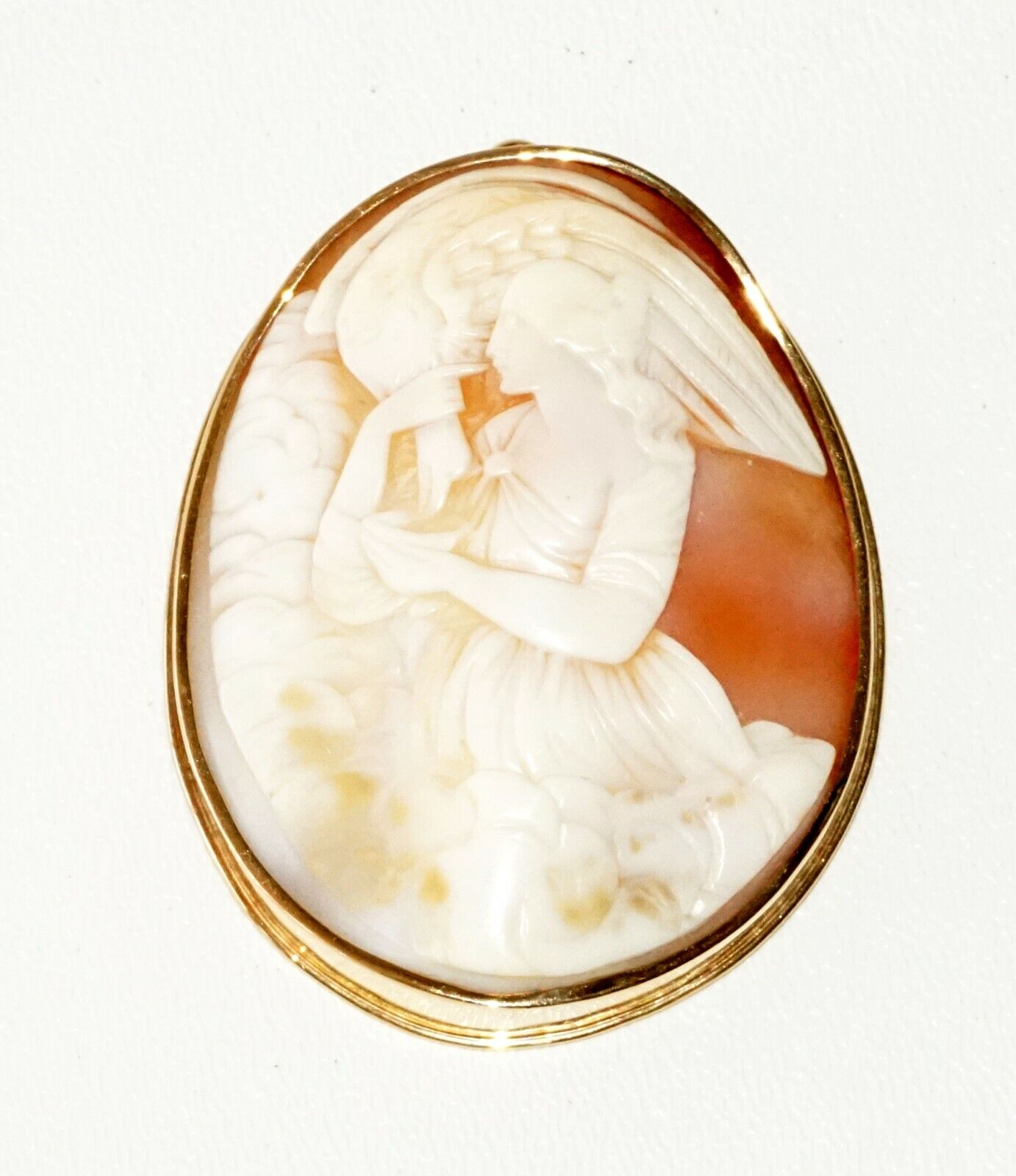 Vintage Gold Plated Large Shell Cameo Pendant w. Hebe Feeding Zeus Motif (TaE)14