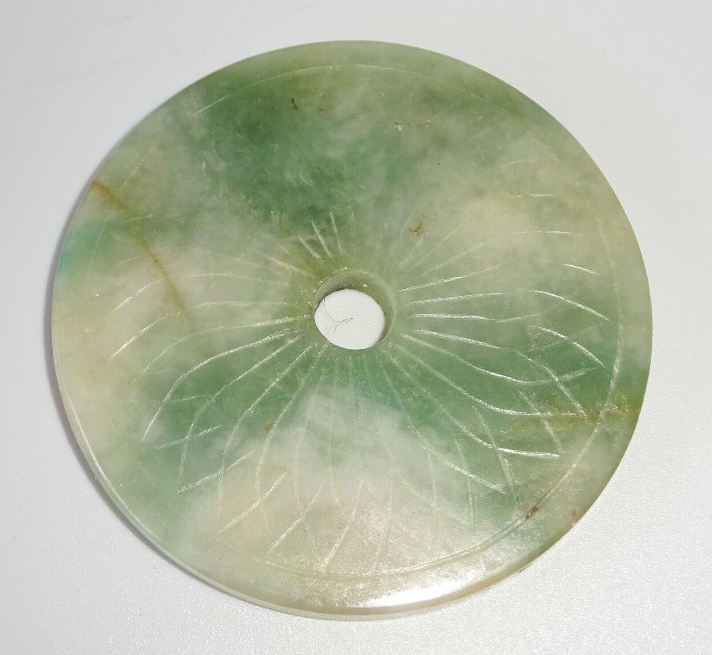 20C Chinese Jadeite Jade Incised Petal Motif Disk Carving (FeO) #37a