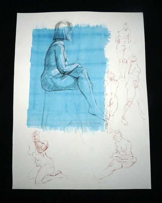 Hawaii Mixed Media Wash Painting Seated Female Nude Snowden Hodges (Sho)#142