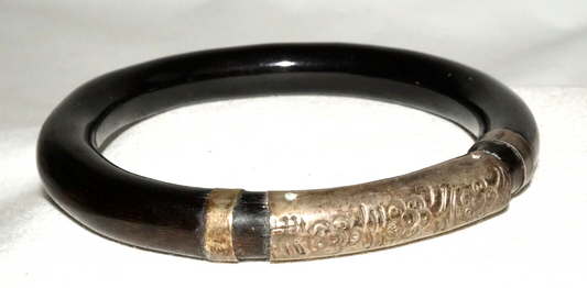 Vintage Chinese Silver Mounted Black Coral Bangle Bracelet (InS)#L3