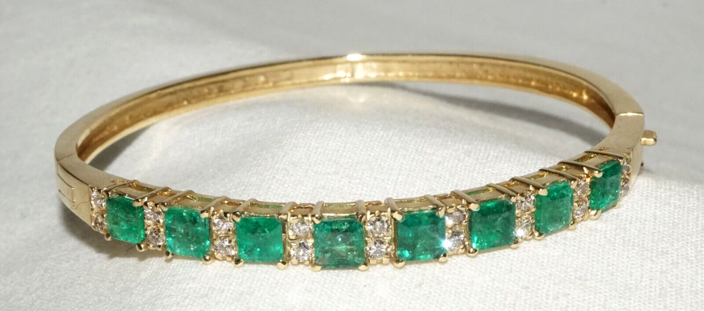 14k Yellow Gold Hinged Bangle Bracelet 4.49ct. Emeralds & 18x Diamonds (GoB) #32