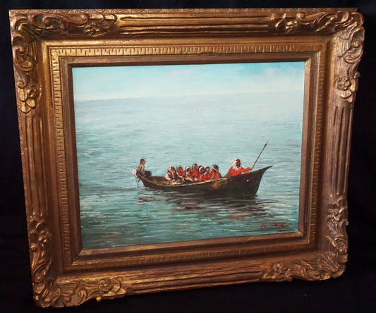 Vintage US Framed Oil Painting Native American in a Boat by Florian Barth (New)