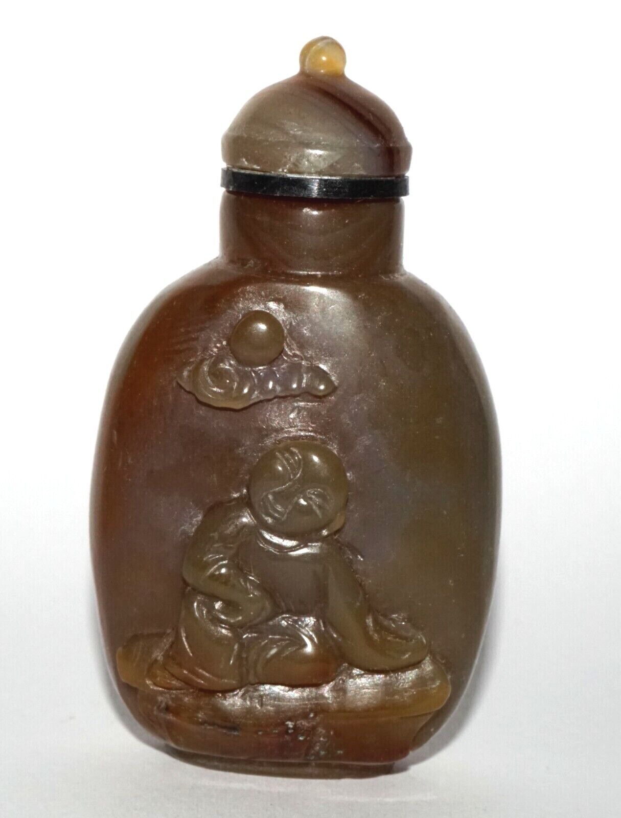 Vintage Chinese Agate Carved Snuff Bottle w Boy in Garden Relief Motif (LeS) G12