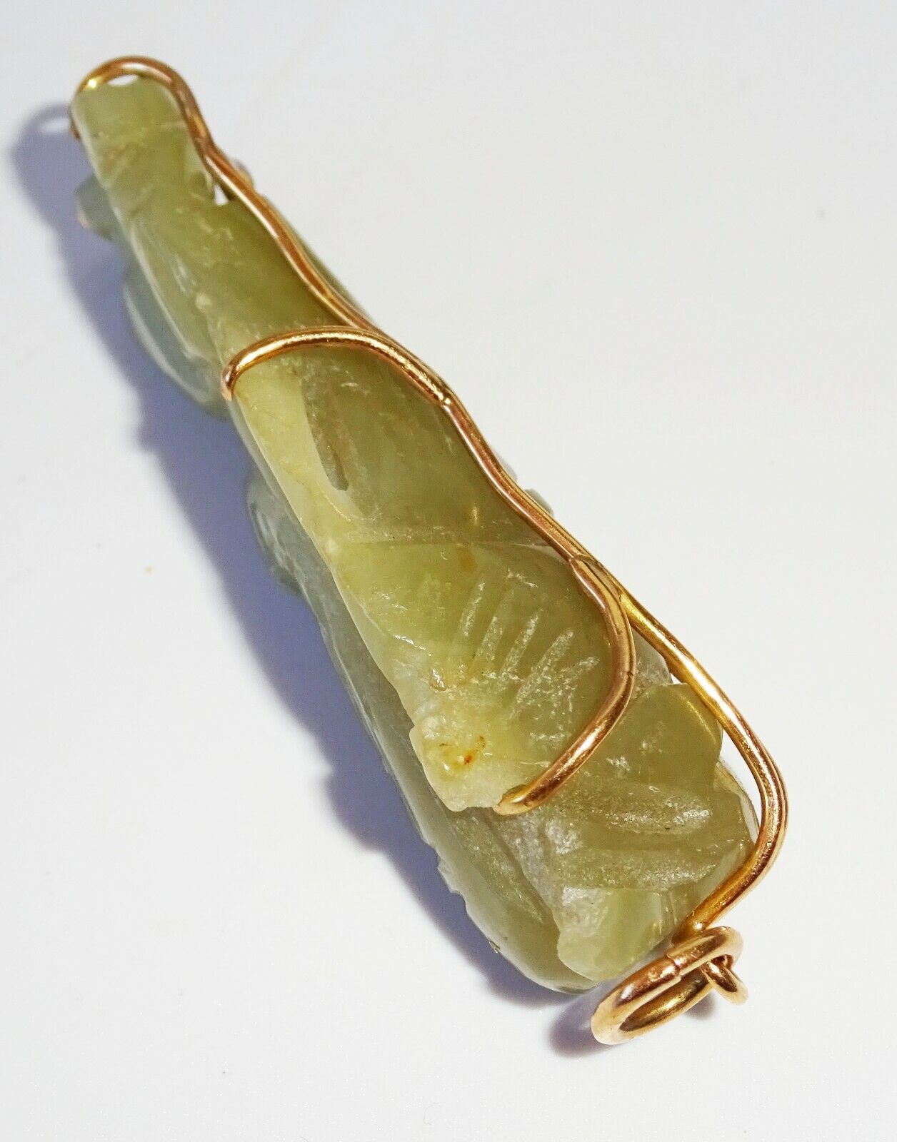 19C Chinese Nephrite Jade Carved 14K Yellow Gold Pendant God Long-life (FeO)#28