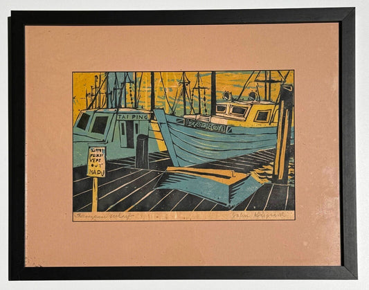 1955 4-Color Woodcut "Sampan Wharf" by John I. Kjargaard (KuK)