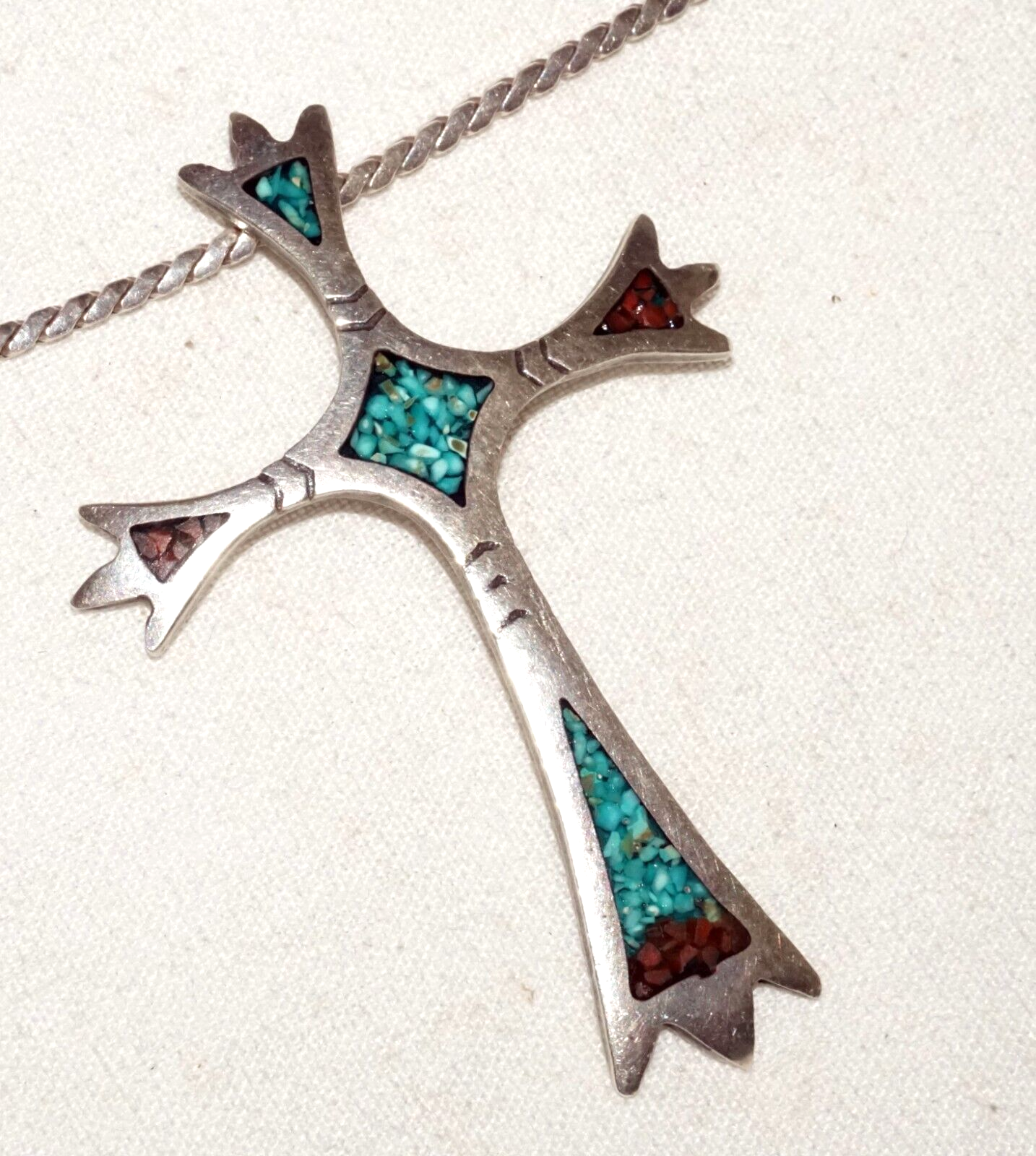 Vtg S.W. US Sterling Silver Necklace & Cross Pendant w. Turquoise & Coral (BeM)